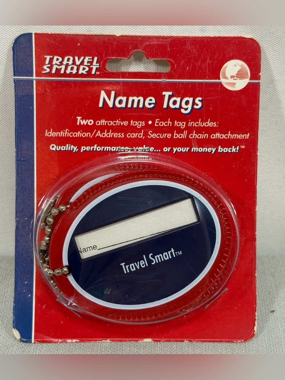 Vintage Travel Smart 2-Pack Plastic Luggage ID Name Tags Chain & Card red blue
